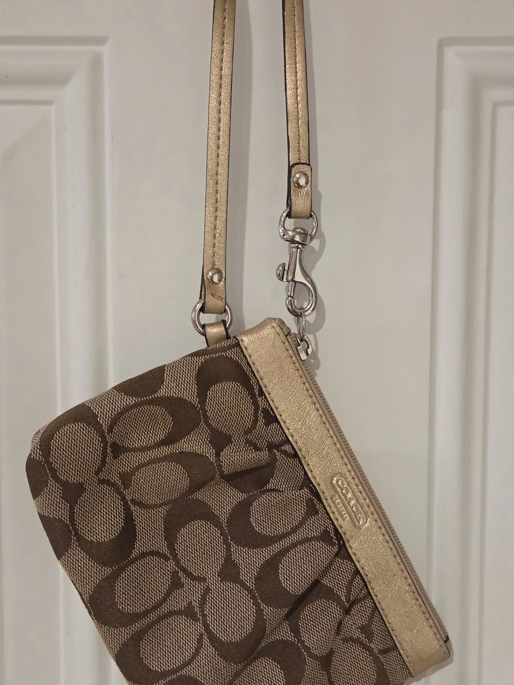 Coach Tan Brown Signature Canvas Wristlet with Gold Trim